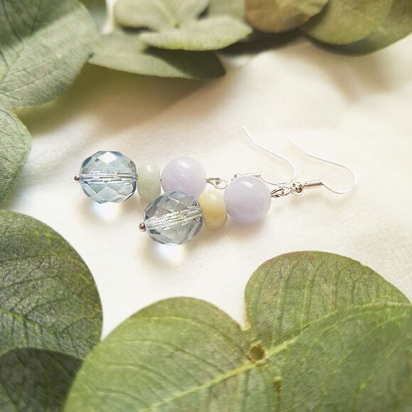 Pastel Aquamarine, Amazonite & Pale Blue Glass Drop Earrings, Fairycore Dangles - Picture 5 of 11